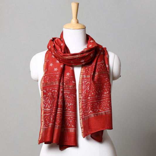 Red - Pipad Block Printed Chanderi Silk Handloom Stole
