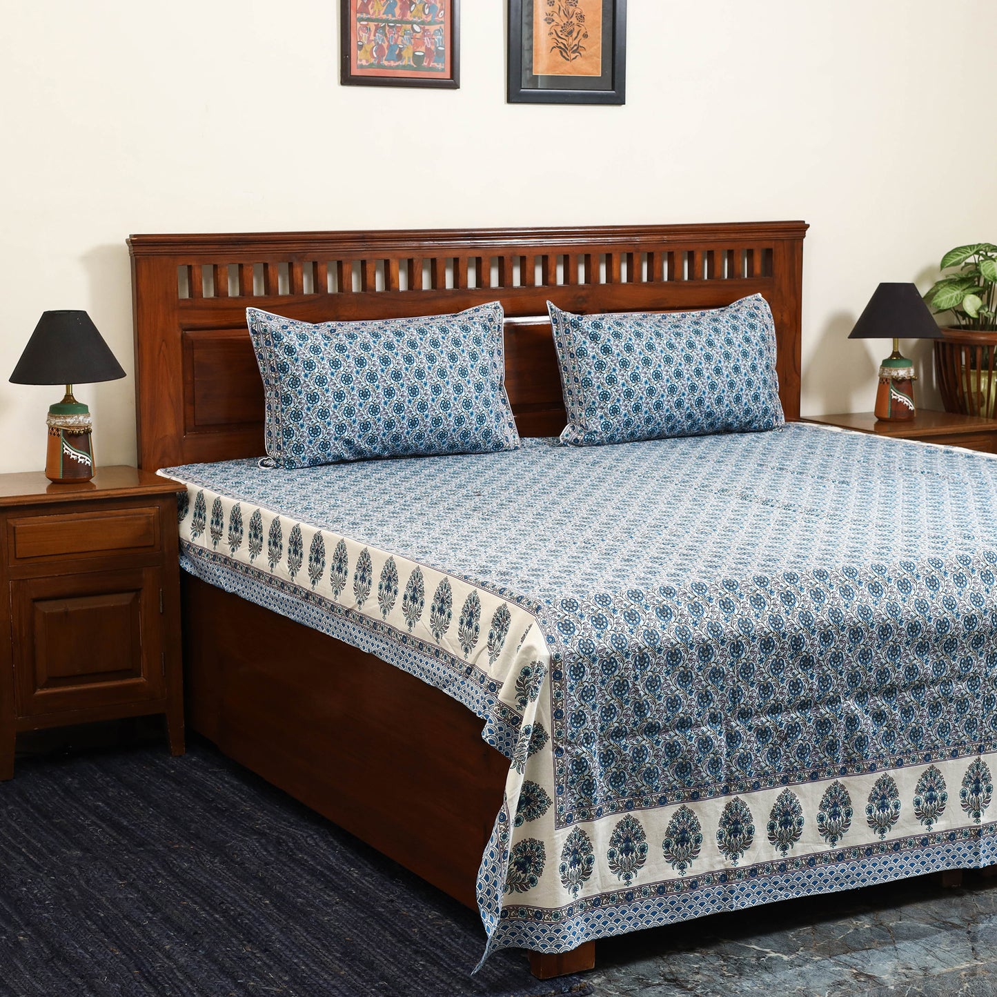 Blue - cotton double sanganeri bed sheet set (108 x 90 in)