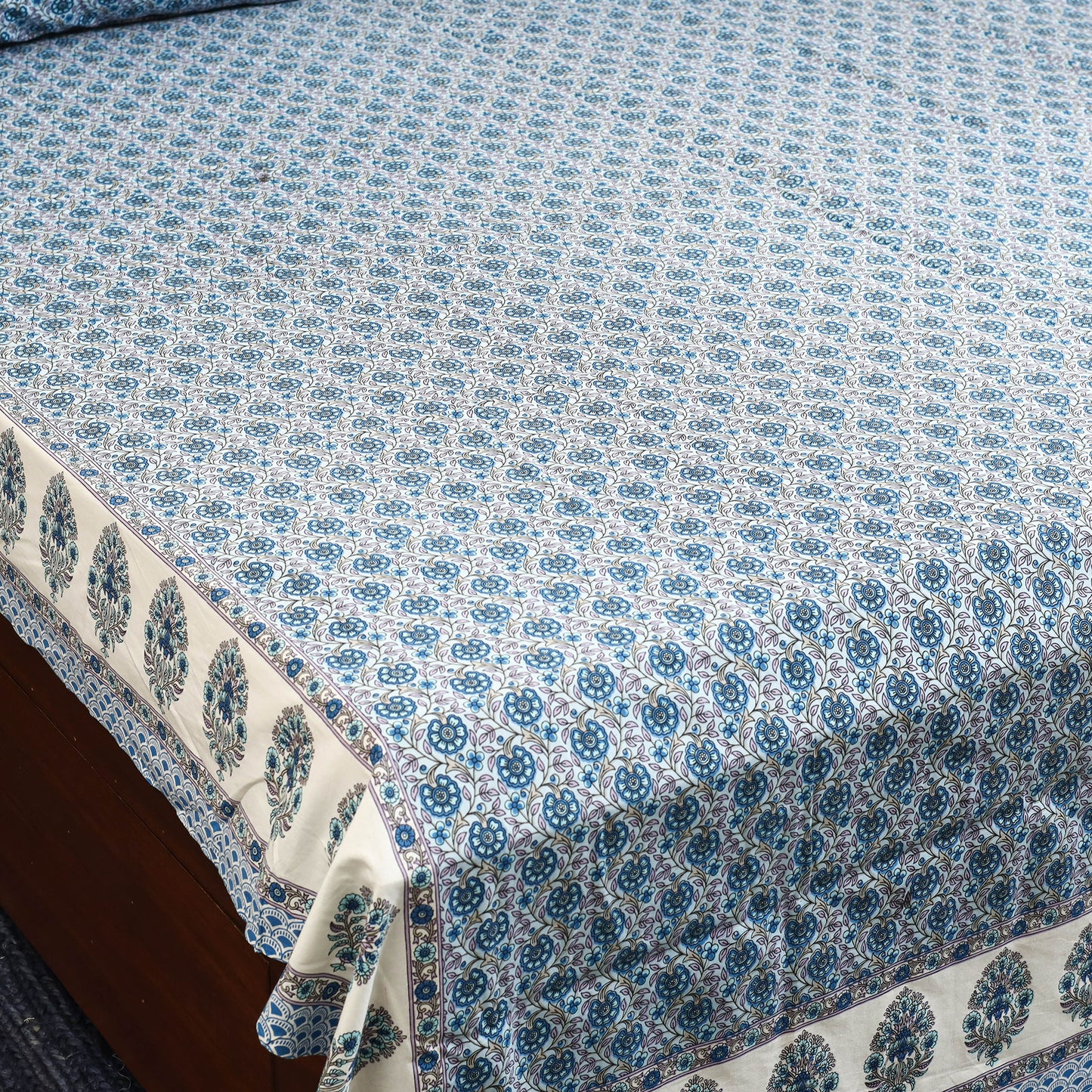 Blue - cotton double sanganeri bed sheet set (108 x 90 in)