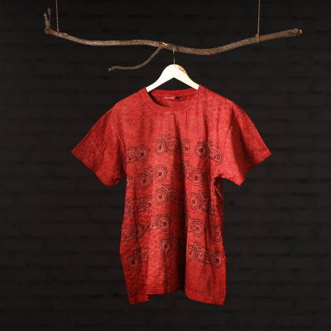 Red - Bindaas Natural Dyed Art Block Print Round Neck T-shirt in Pure Cotton