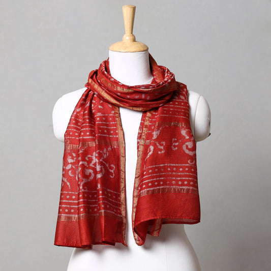 Red - Pipad Block Printed Chanderi Silk Handloom Stole