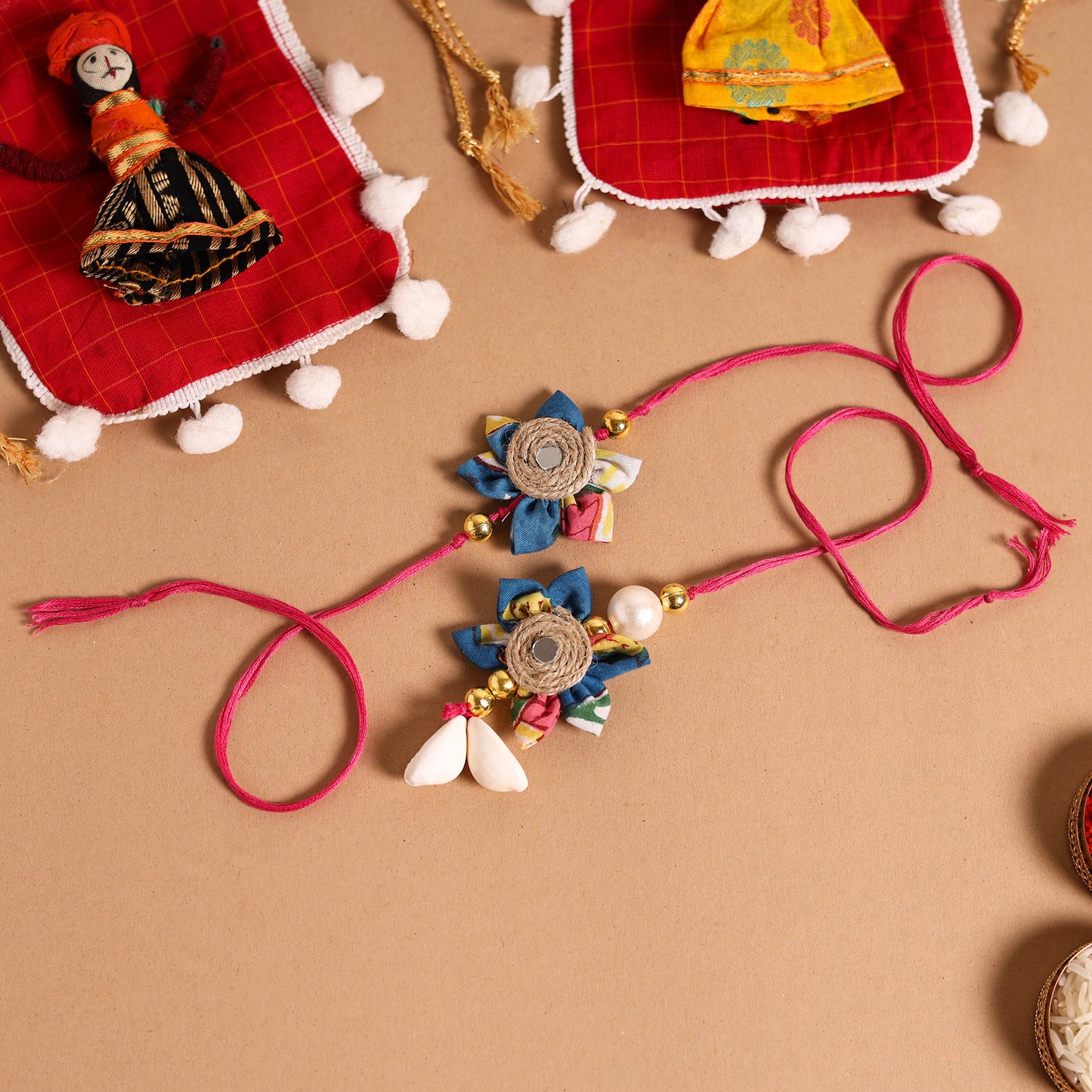  Handmade Fabric Flower Jute Rakhi & Lumba Set 