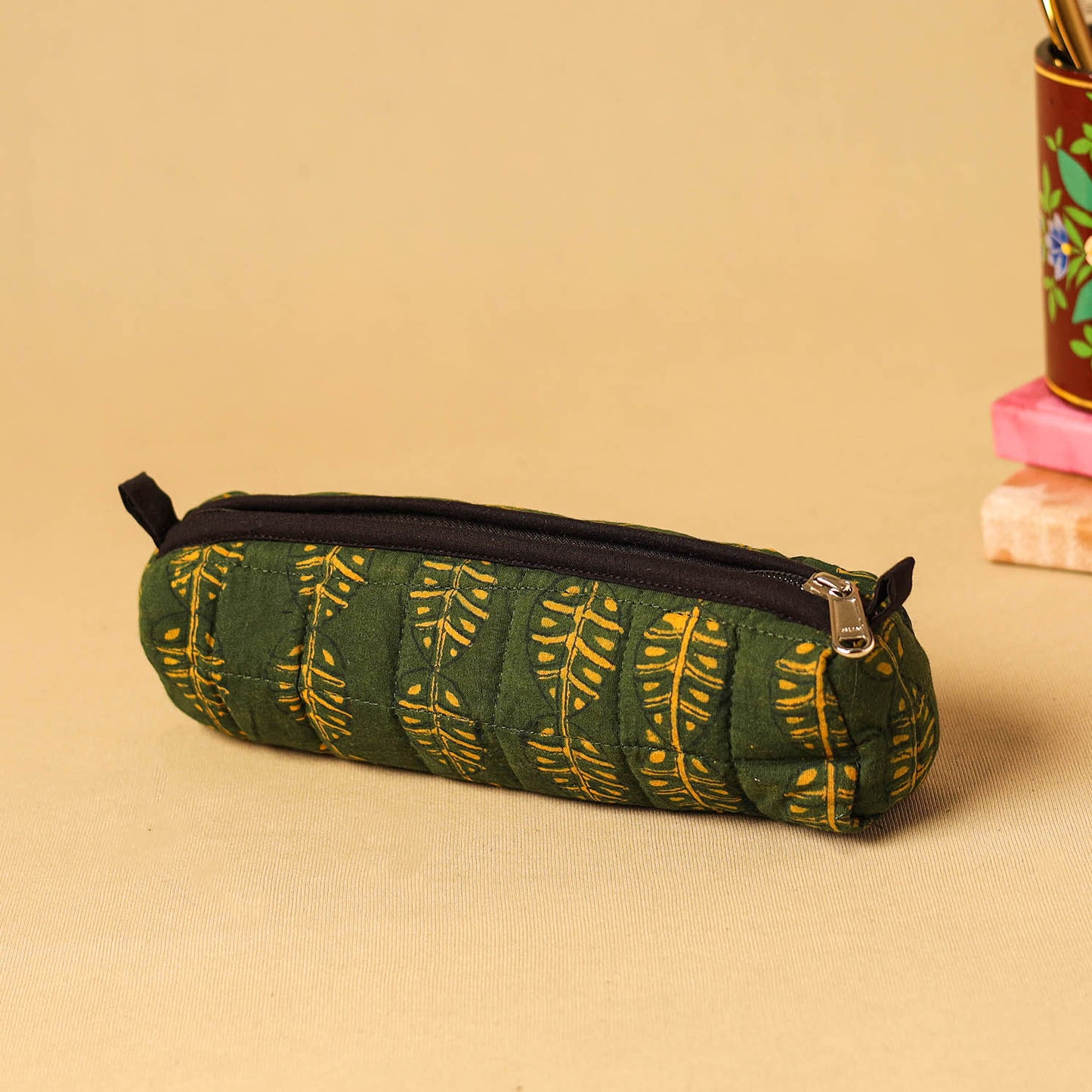 Green - handmade cotton quilted pencil pouch 20