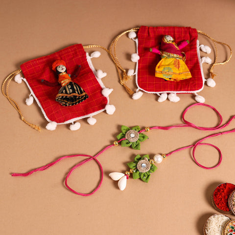 Buy Handmade Fabric Flower Jute Rakhi & Lumba Set 