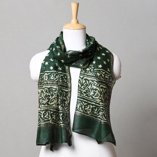 Green - Pipad Block Printed Chanderi Silk Handloom Stole