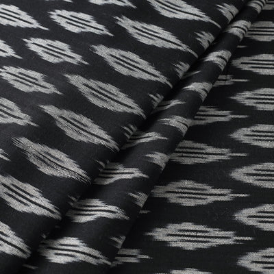Greyish Leaflets Motifs On Black Pochampally Ikat Weave Pure Cotton Fabric
