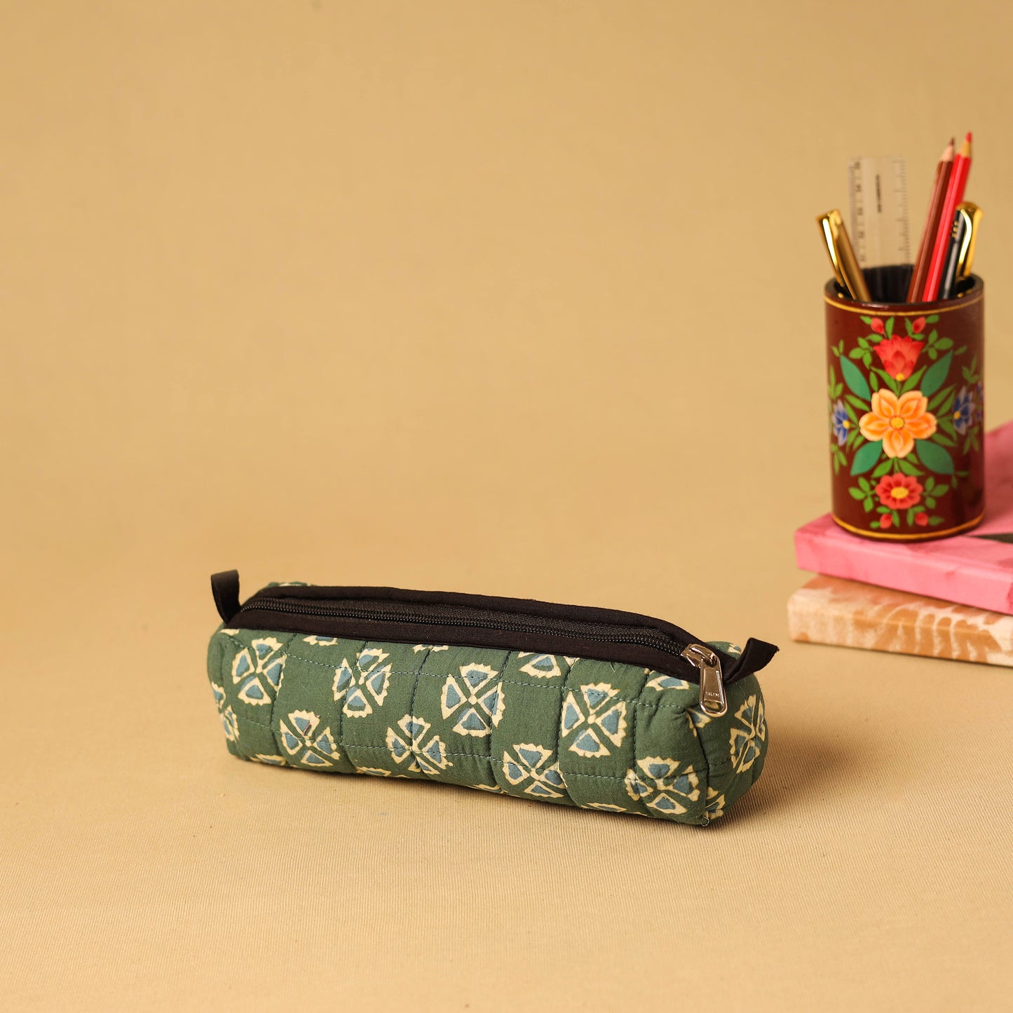 Green - handmade cotton quilted pencil pouch 27