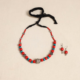 Red - german silver wooden beads necklace set 85