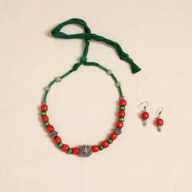 Red - german silver wooden beads necklace set 84