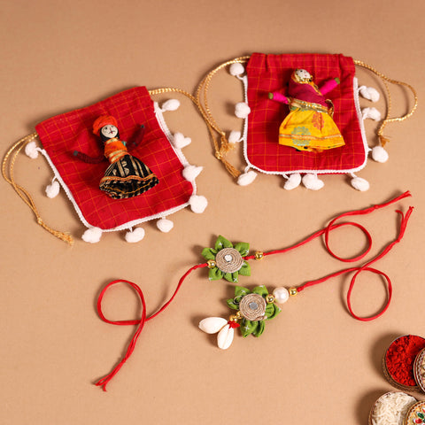  Handmade Fabric Flower Jute Rakhi & Lumba Set 