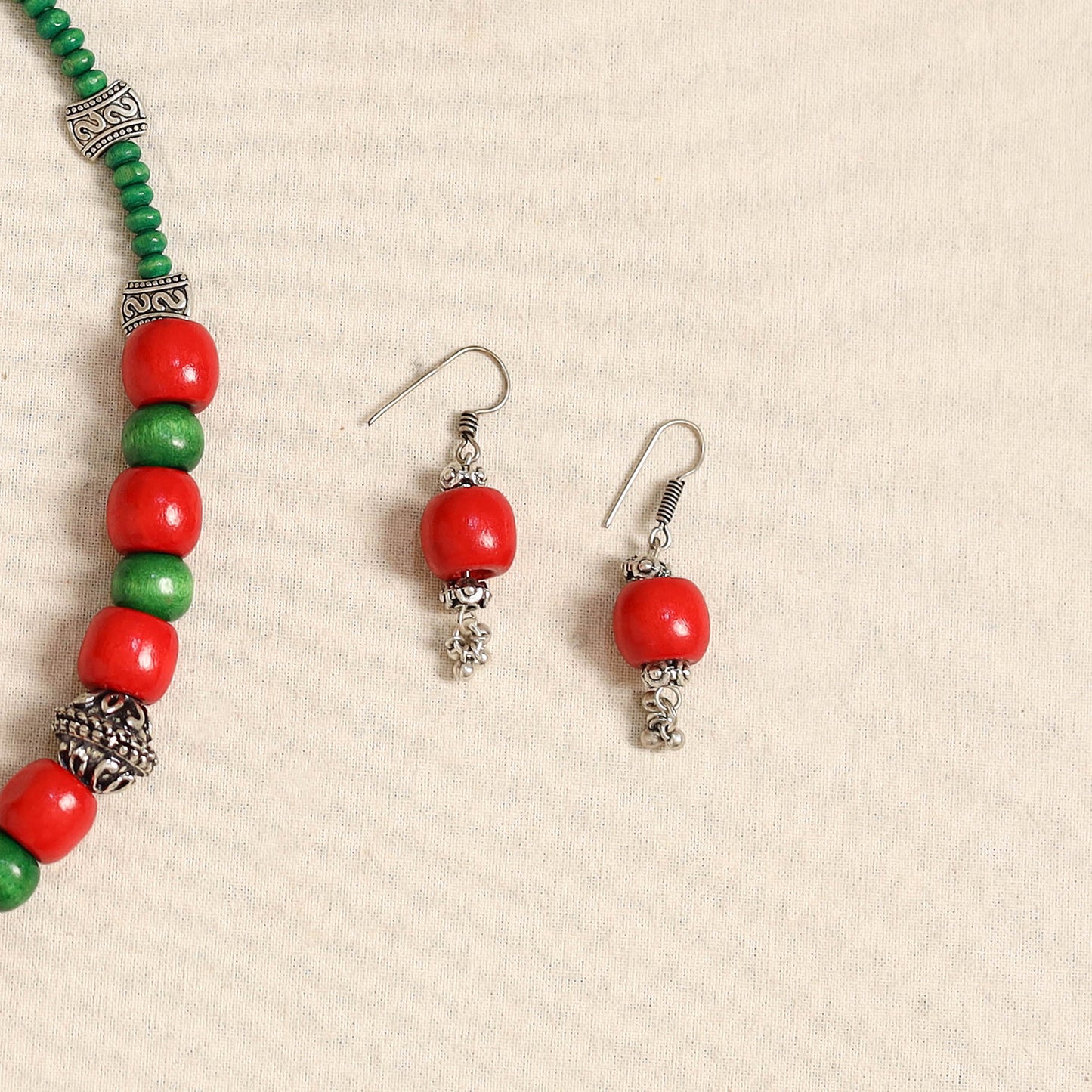 Red - german silver wooden beads necklace set 84