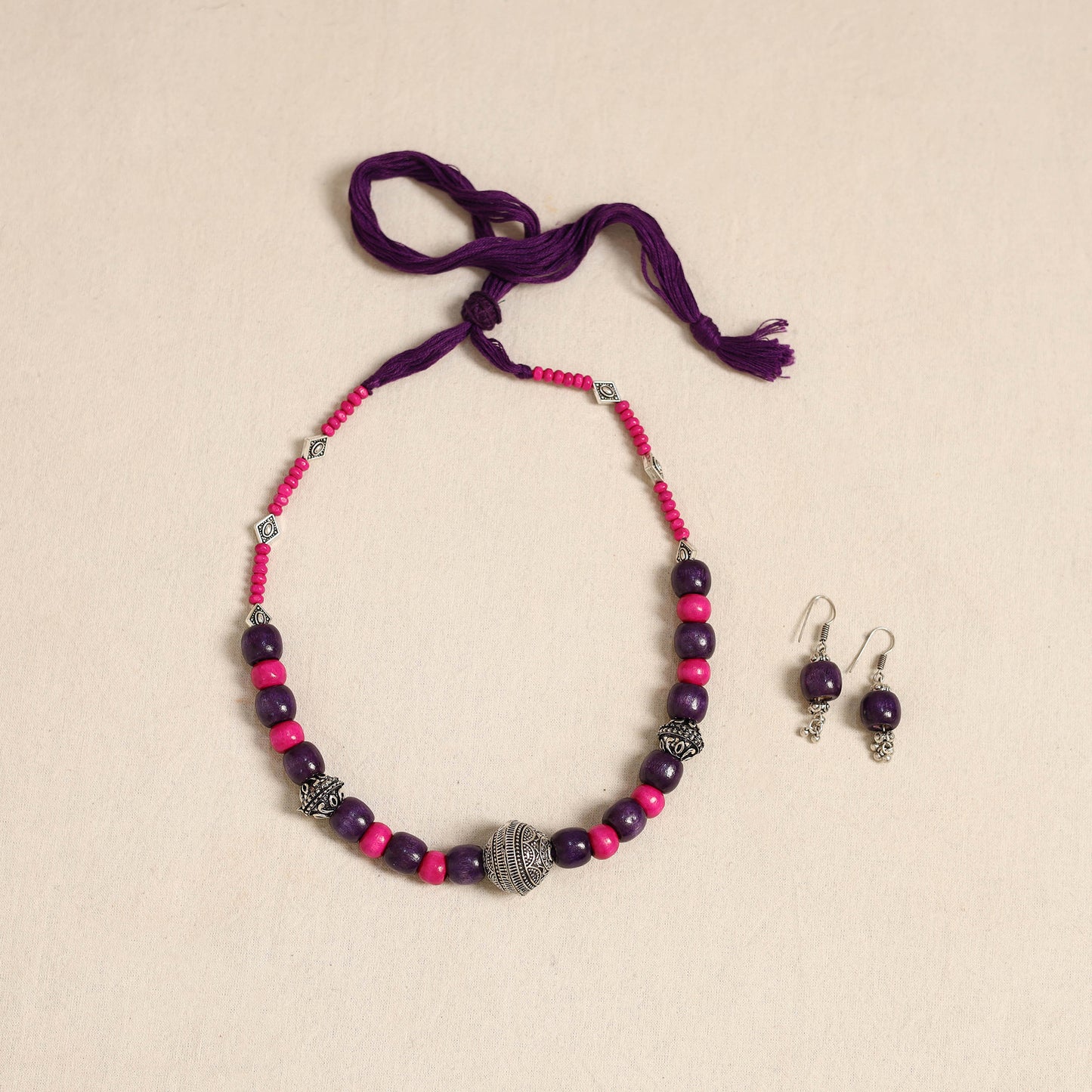 Purple - german silver wooden beads necklace set 83