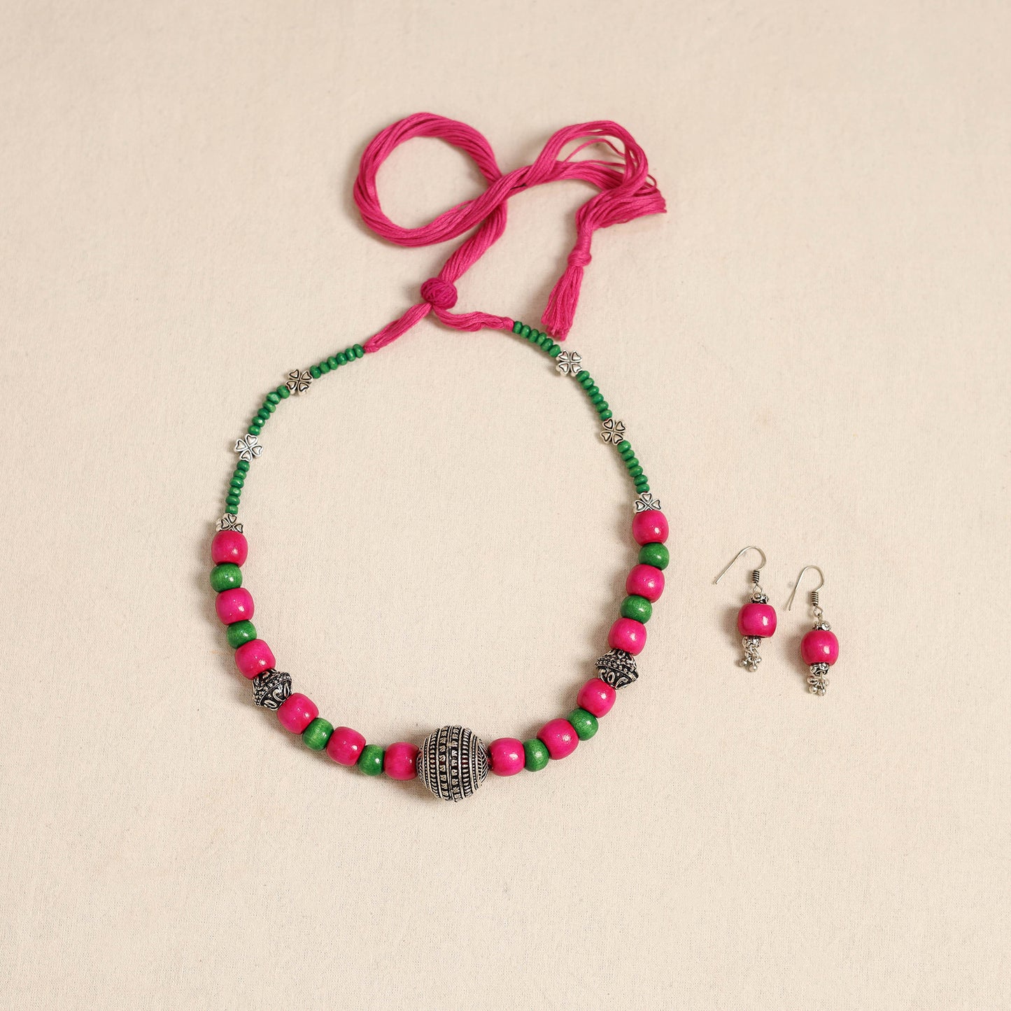 Pink - german silver wooden beads necklace set 82