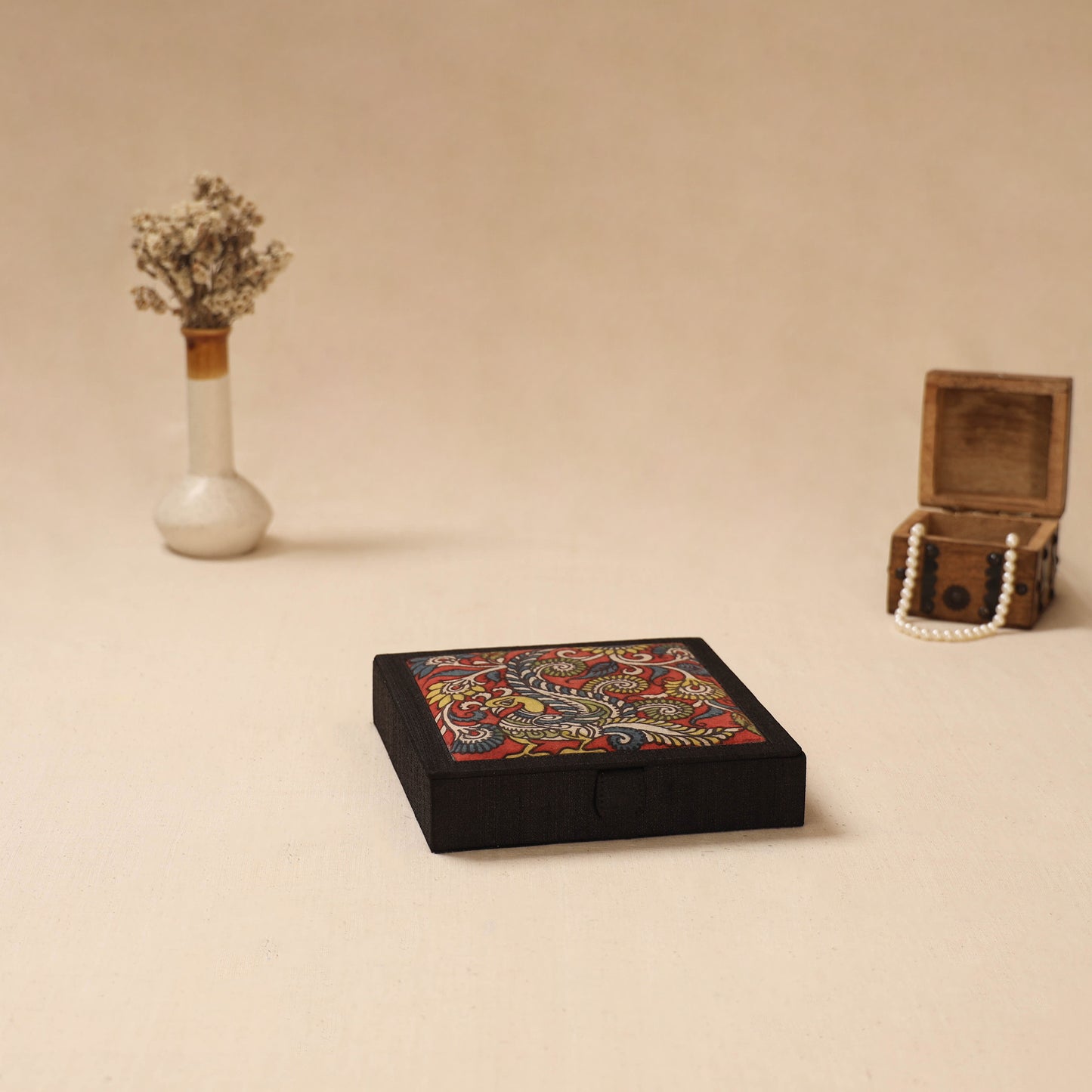 Black - Handpainted Kalamkari Natural Dyed Ghicha Silk Jewellery Box 18