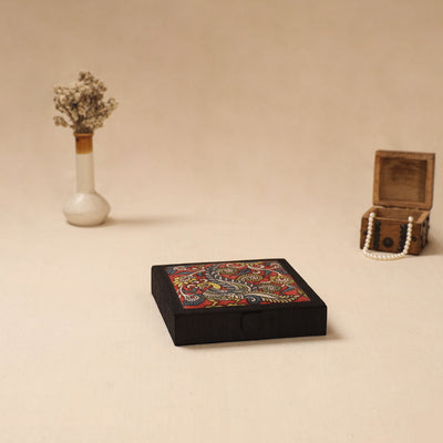 Black - Handpainted Kalamkari Natural Dyed Ghicha Silk Jewellery Box 18