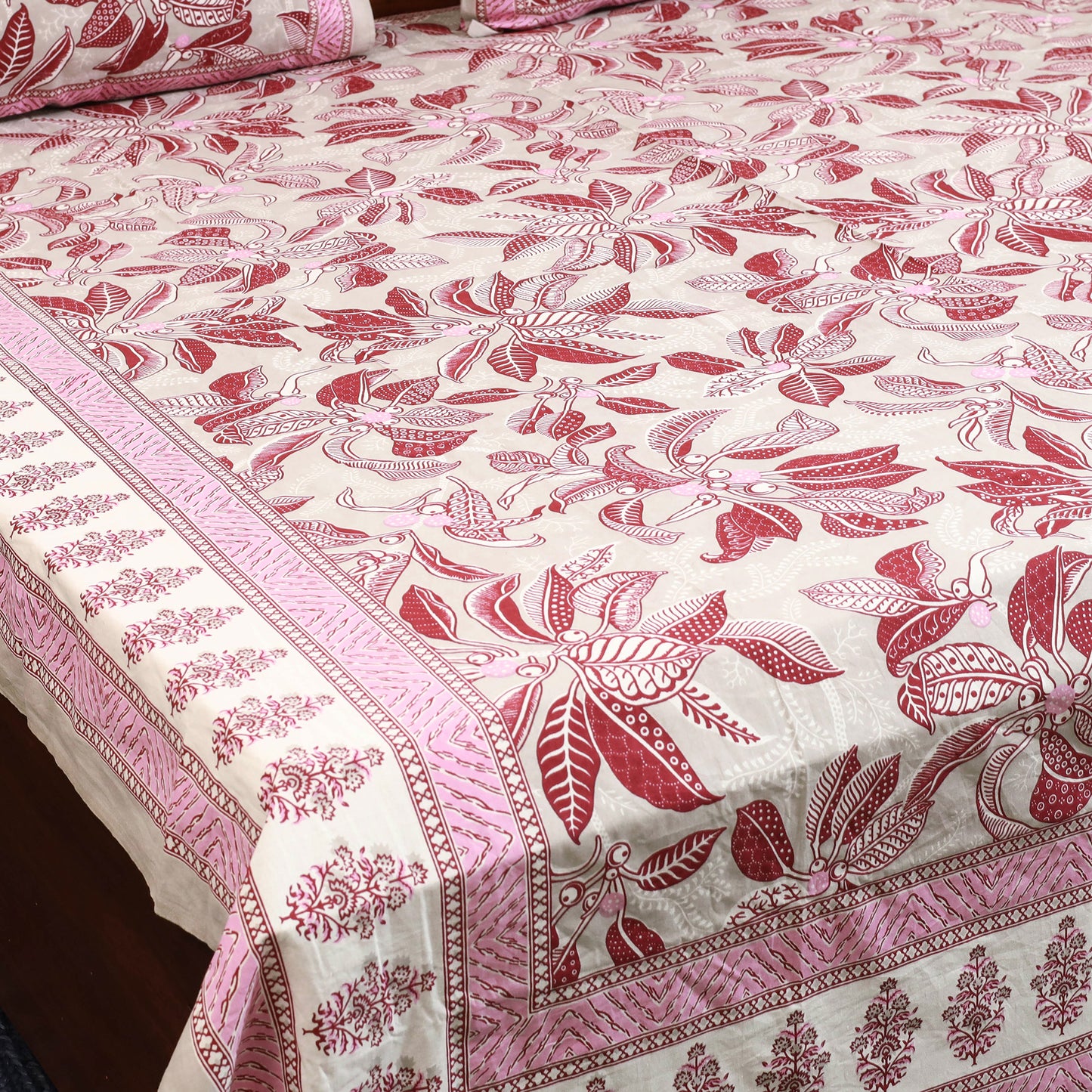 Pink - cotton double sanganeri bed sheet set (108 x 90 in)