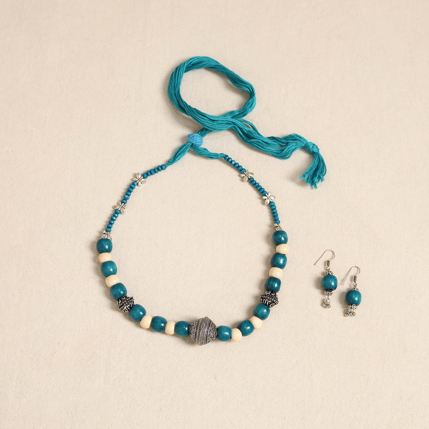 Blue - german silver wooden beads necklace set 81