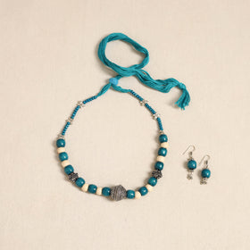 Blue - german silver wooden beads necklace set 81