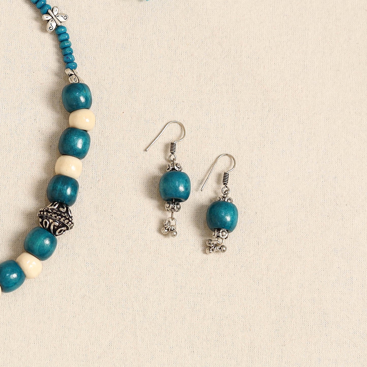 Blue - german silver wooden beads necklace set 81