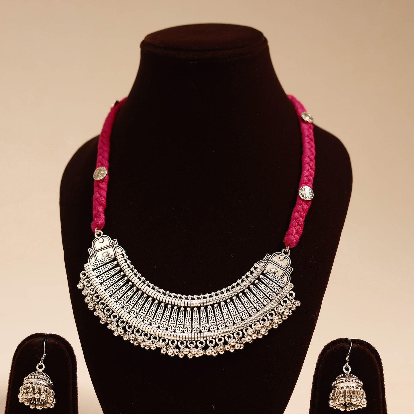 Red - german silver thread braided necklace set 06