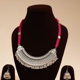 Red - german silver thread braided necklace set 06