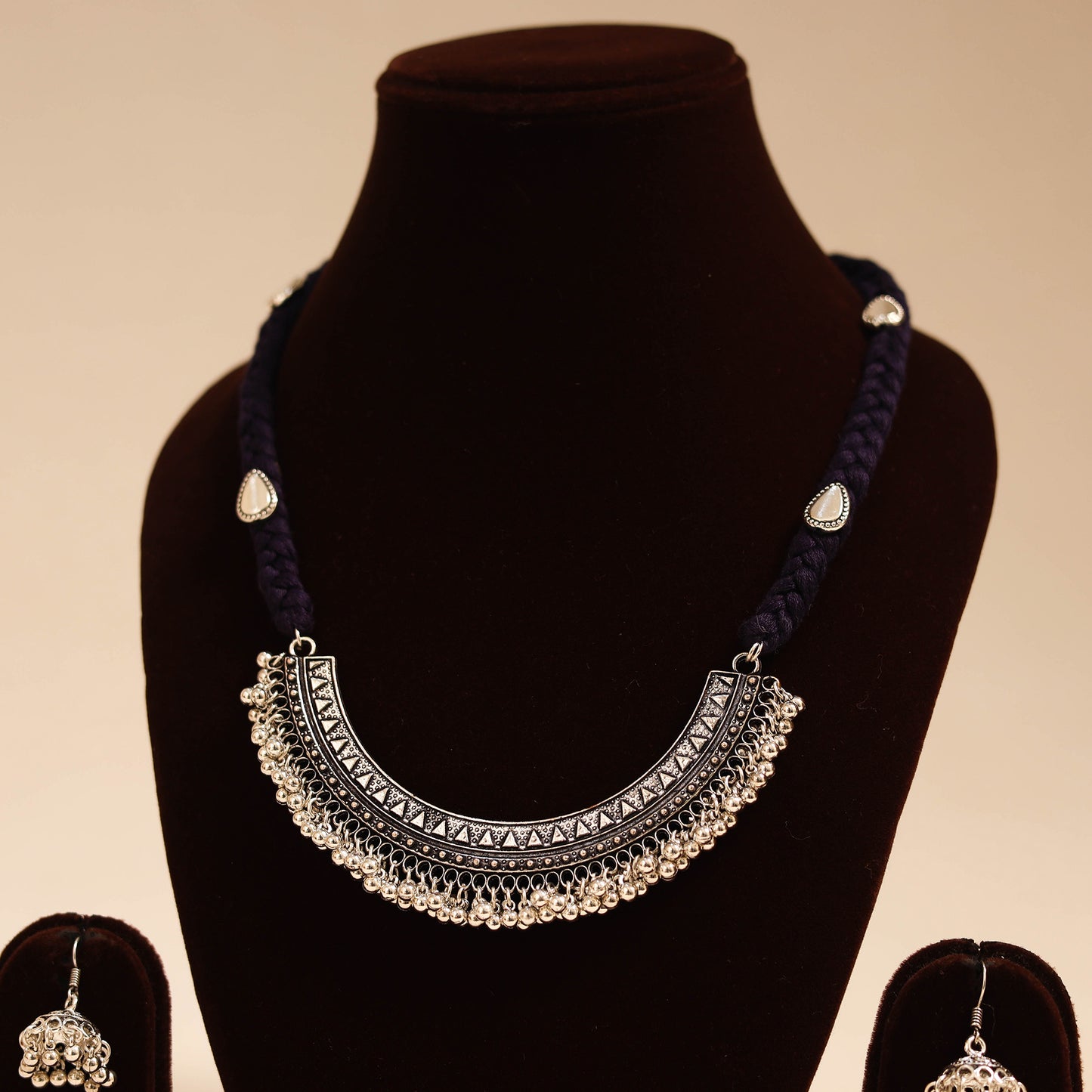 Black - german silver thread braided necklace set 05