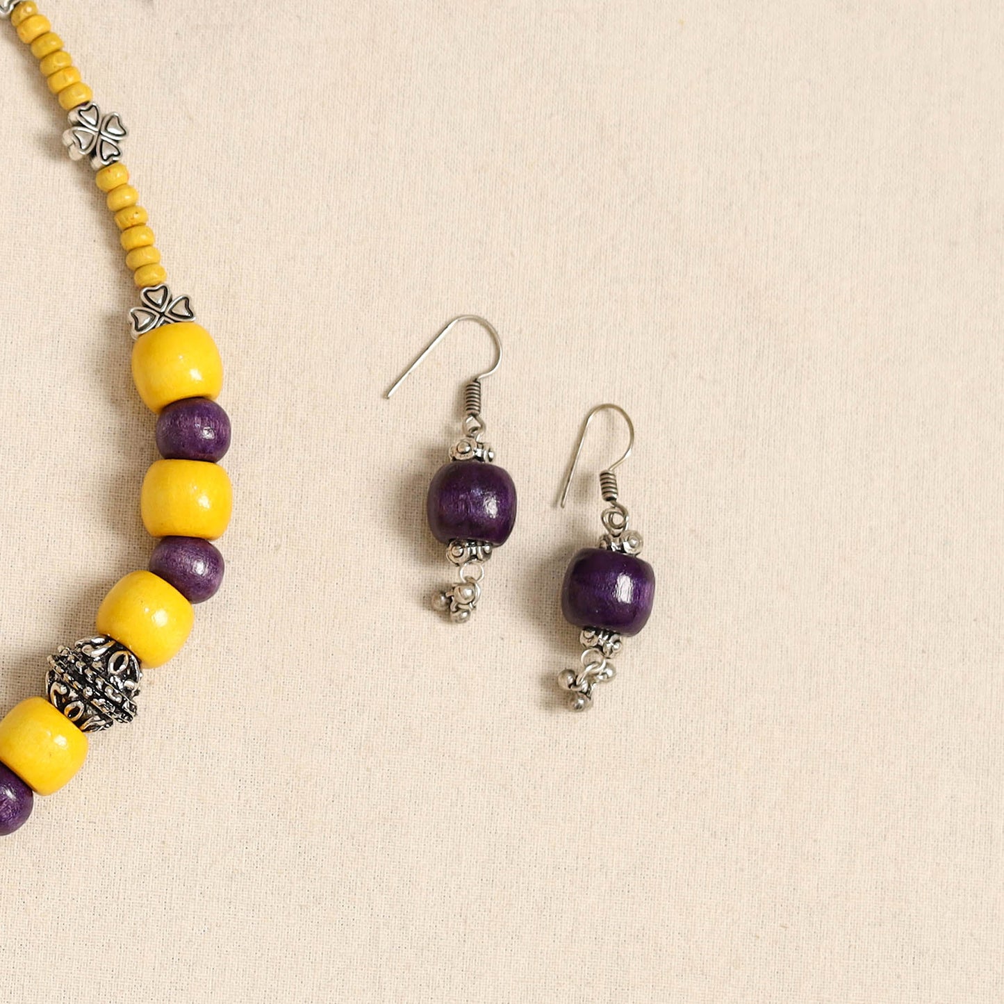 Yellow - german silver wooden beads necklace set 78