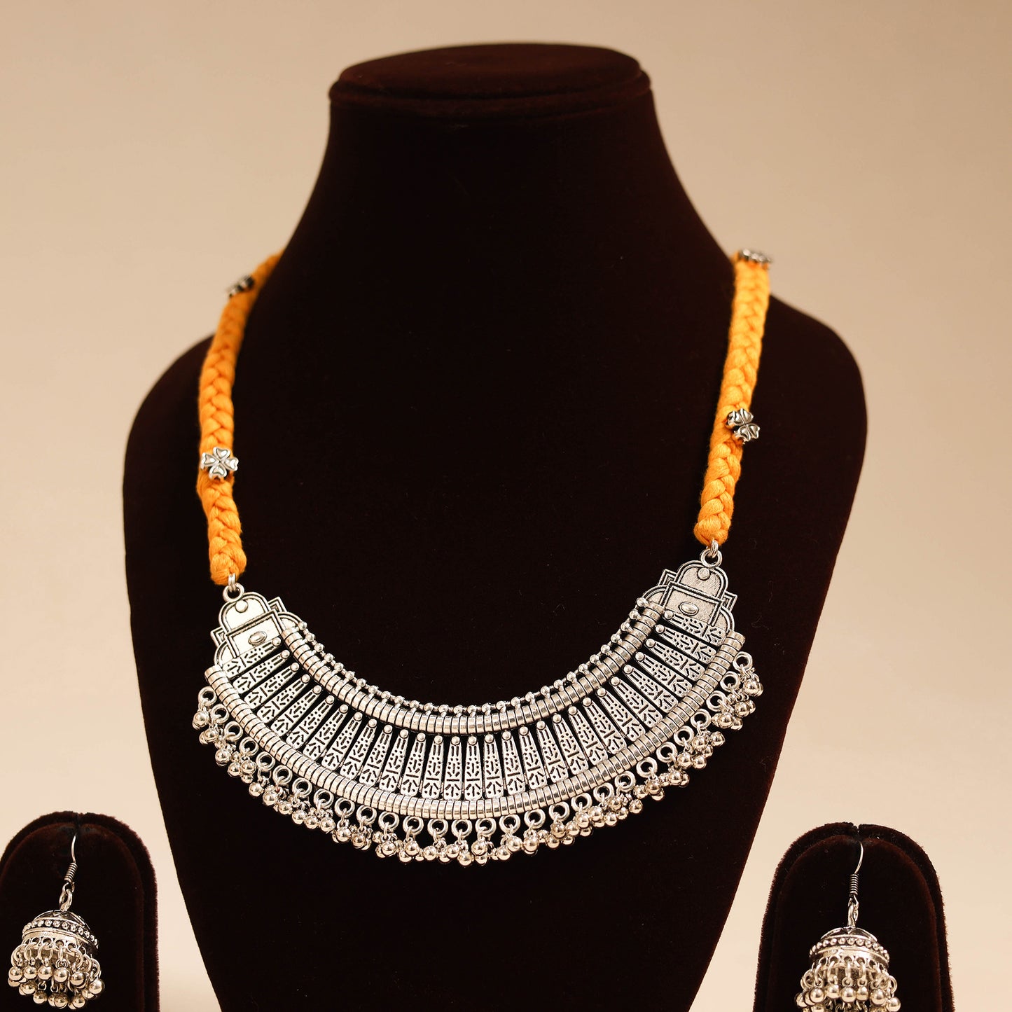 Yellow - german silver thread braided necklace set 04