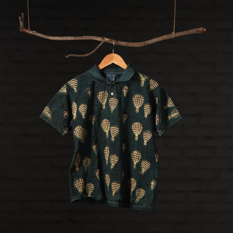 Green - Bindaas Natural Dyed Art Block Print Polo Collar T-shirt in Cotton