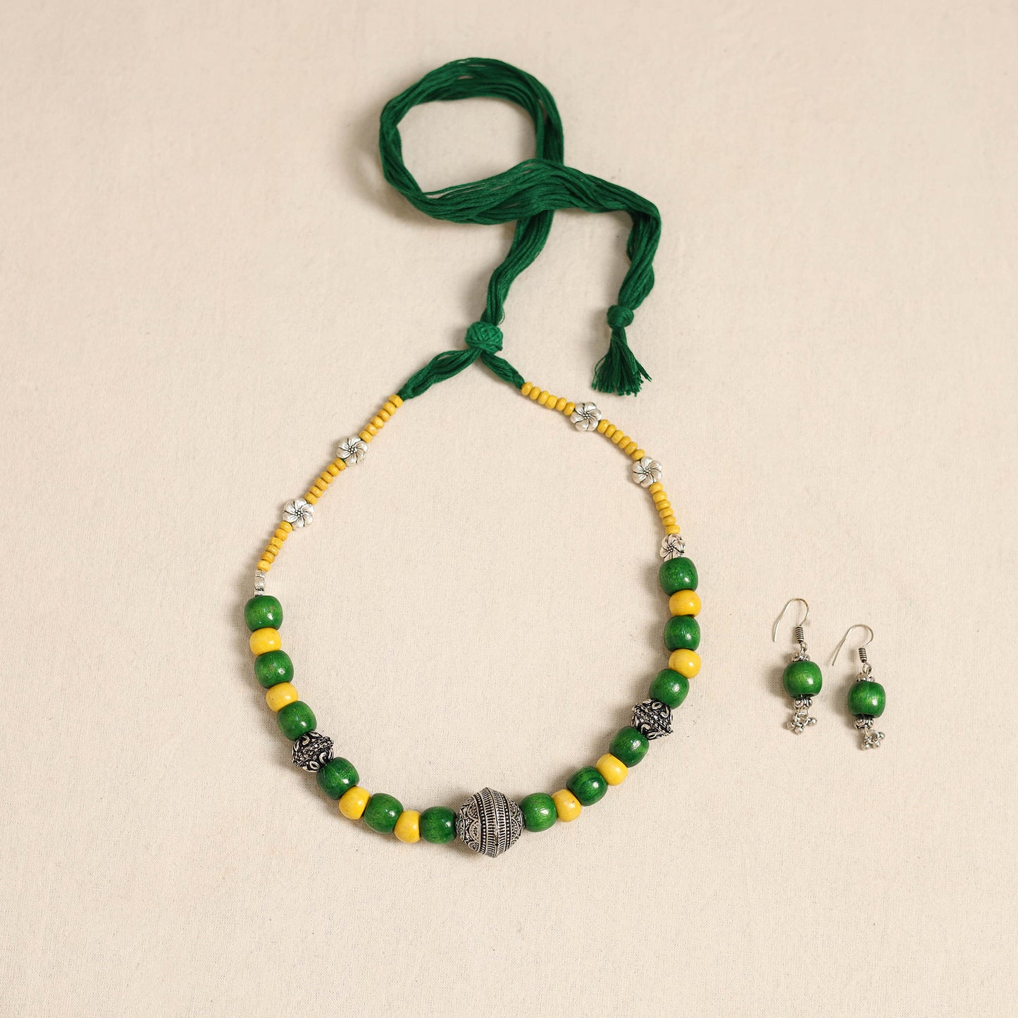 Green - german silver wooden beads necklace set 77