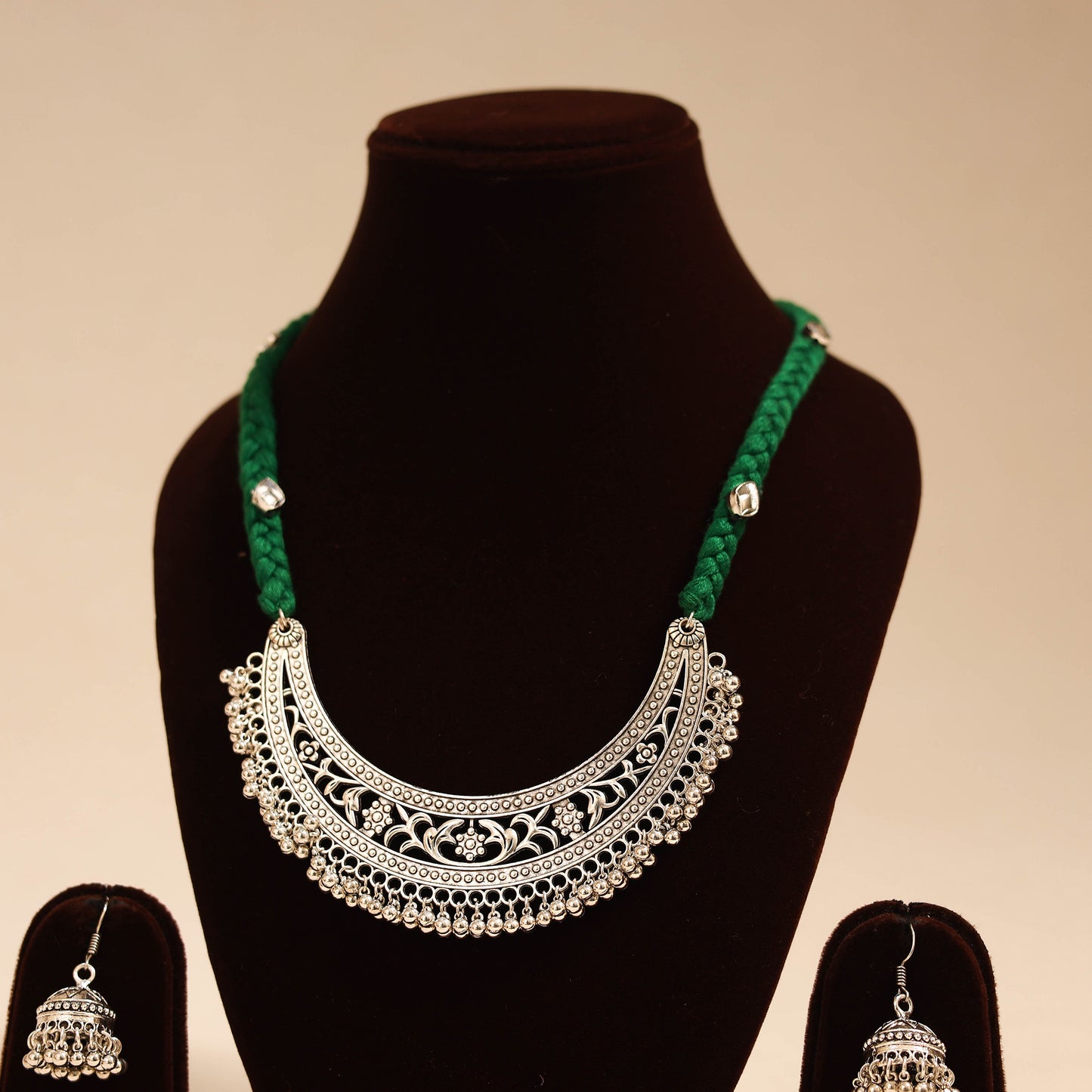 Green - german silver thread braided necklace set 03