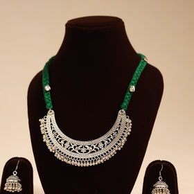 Green - german silver thread braided necklace set 03
