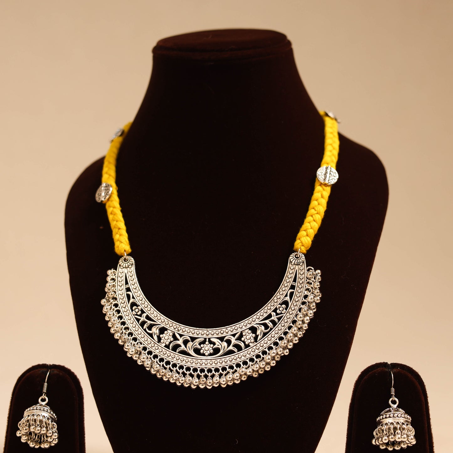 Yellow - german silver thread braided necklace set 02