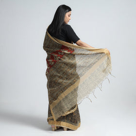 Black Original Pedana Kalamkari Block Print Chanderi Silk Saree