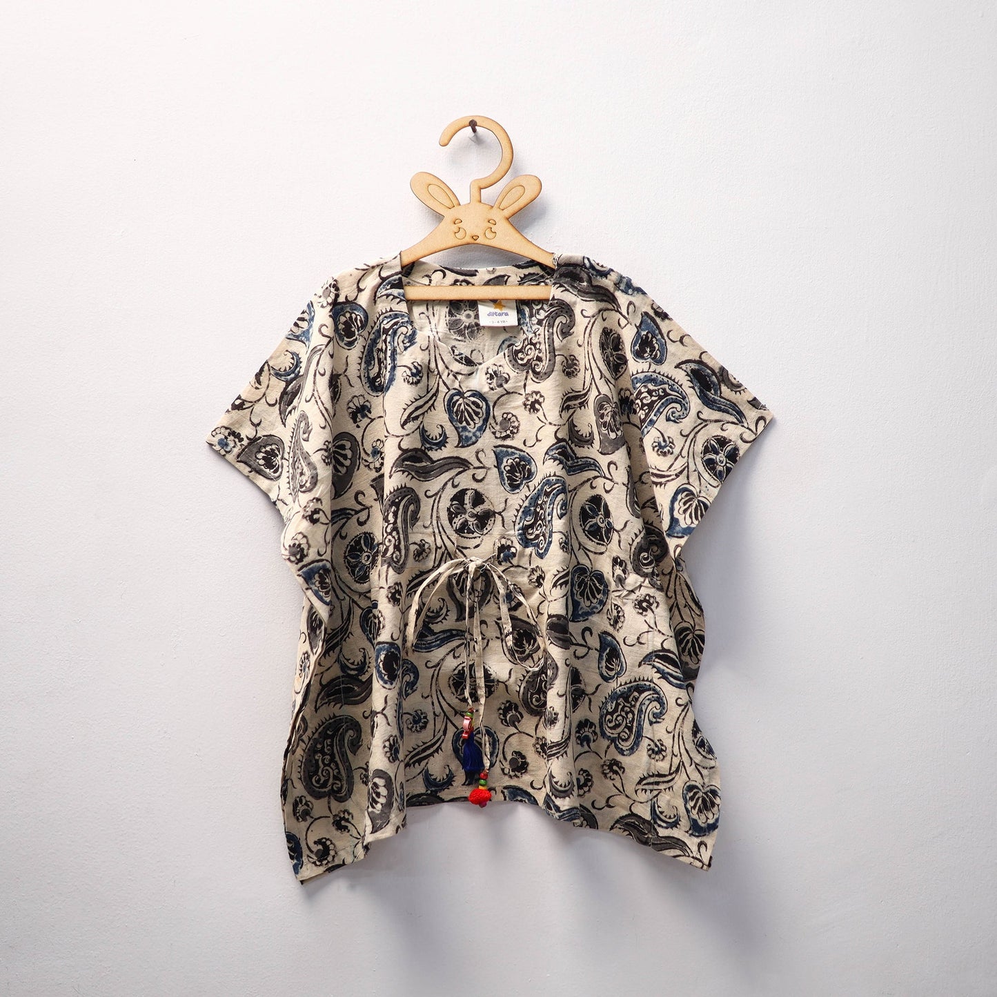 Beige Kalamkari Block Print Cotton Kids Kaftan (3-4 Years)