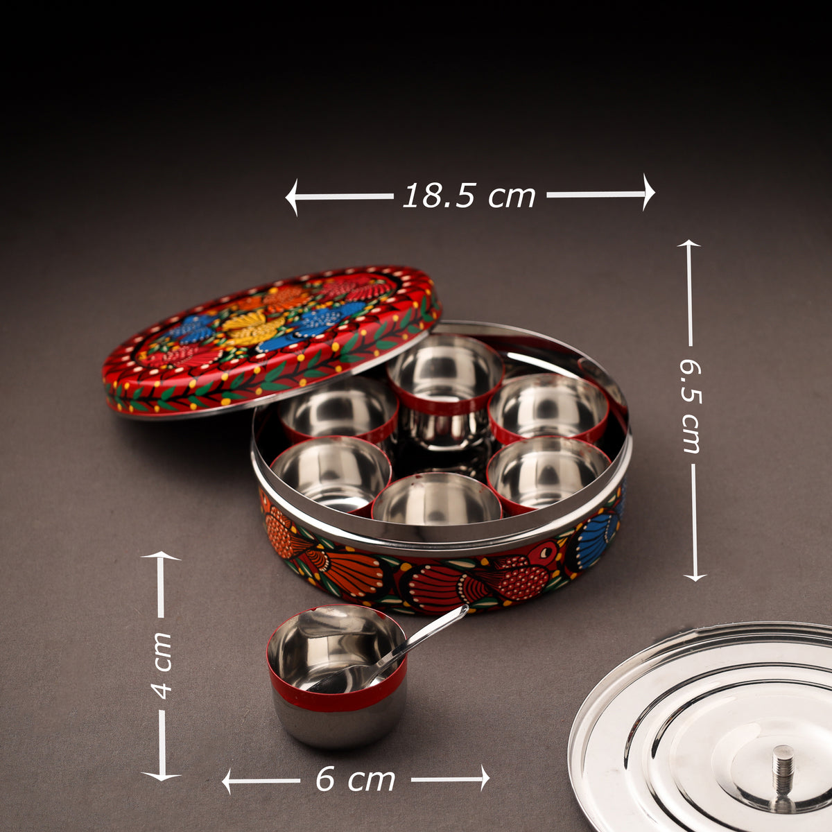 Bengal Patua Handpainted Stainless Steel Masala Box (7.2 x 7.2 in) 01