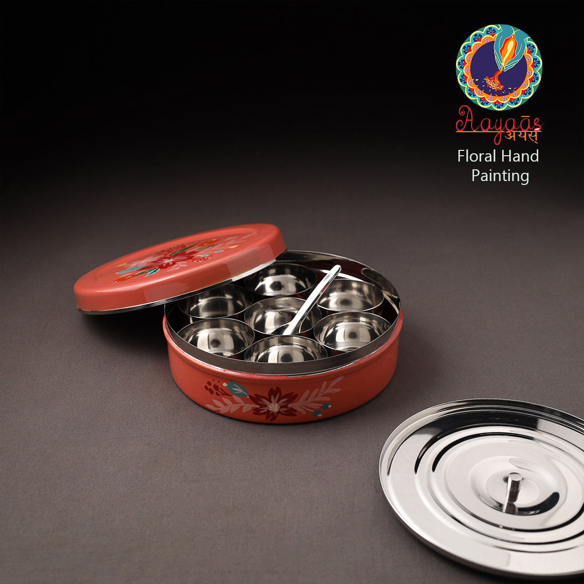 Floral Handpainted Enamelware Stainless Steel Masala Box (7 x 7 in) 01