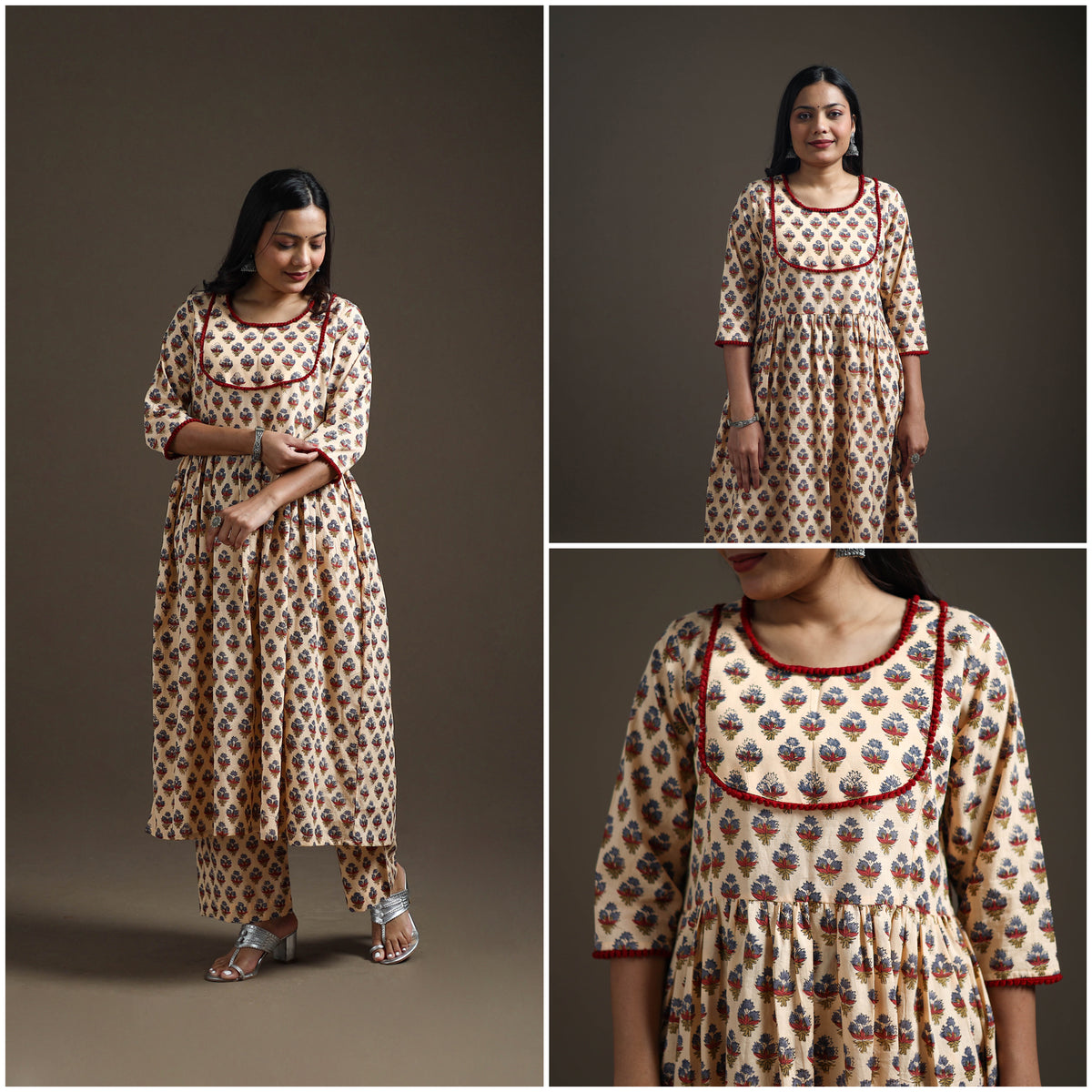 Beige - floral sanganeri print cotton lace work flared