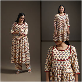 Beige - floral sanganeri print cotton lace work flared
