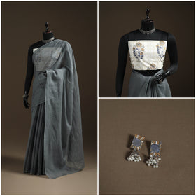 Nazaakat Kota Doria Cotton Plain Saree with Blouse Piece & Earrings 29