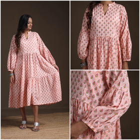 Sanganeri Floral Hand Block Print Cotton Tiered Long Dress for Women 06