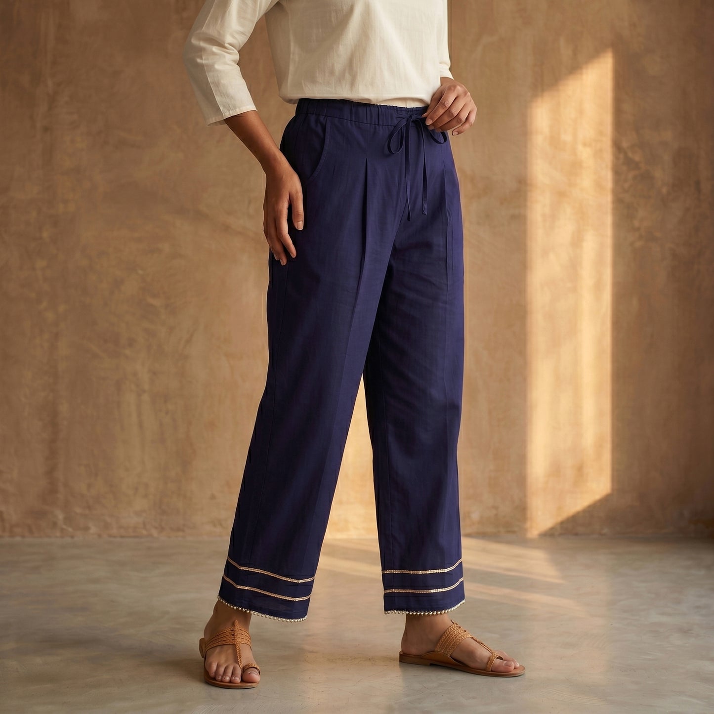 Blue - Gota Work Cotton Lycra Elasticated Plain Pant for Women 06
