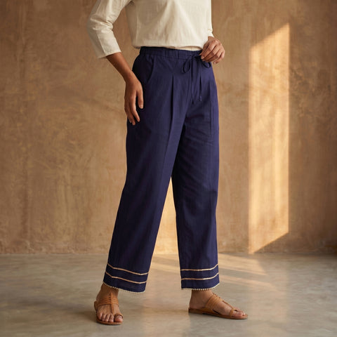 Blue - Gota Work Cotton Lycra Elasticated Plain Pant for Women 06