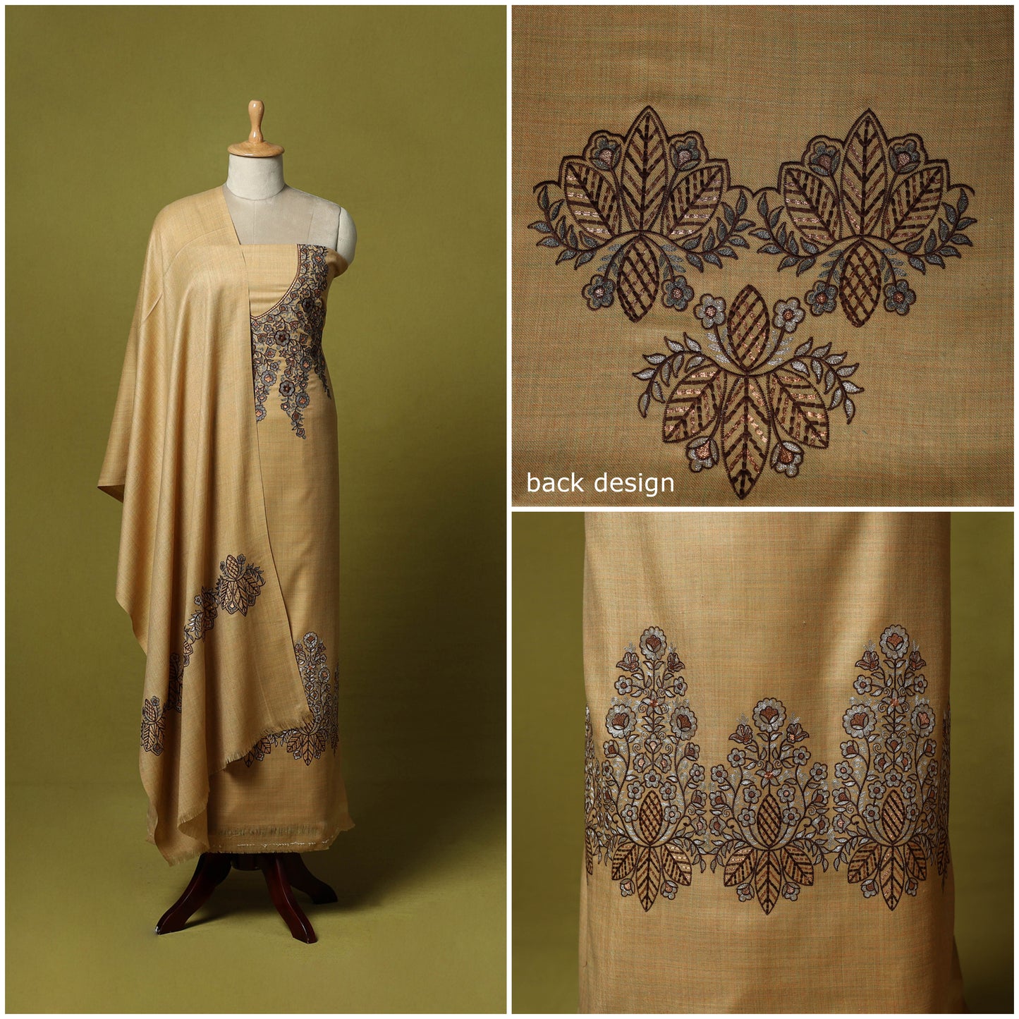 Beige - 3pc Chain Stitch Embroidered Merino Wool Unstitched Dress Material 19