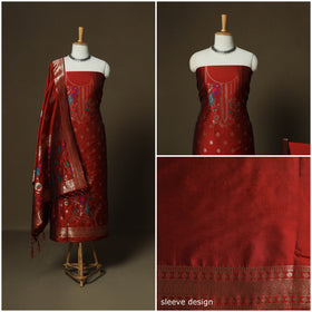 Red - Bangalore Silk Paithani Weave 3pc Unstitched Dress Material Suit Set 10