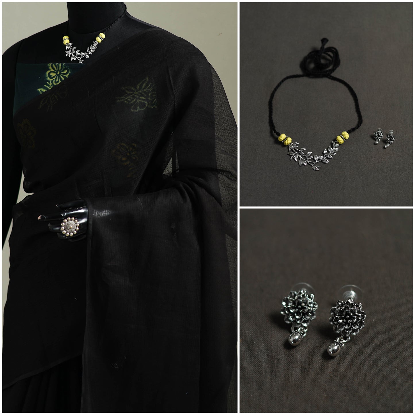 Black - Nazaakat Kota Doria Cotton Plain Saree with Blouse & Jewellery Set 130