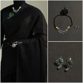 Black - Nazaakat Kota Doria Cotton Plain Saree with Blouse & Jewellery Set 130