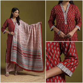Natural Dyed Hand Block Bagh Print Cotton Suit Set with Dupatta for Women 07