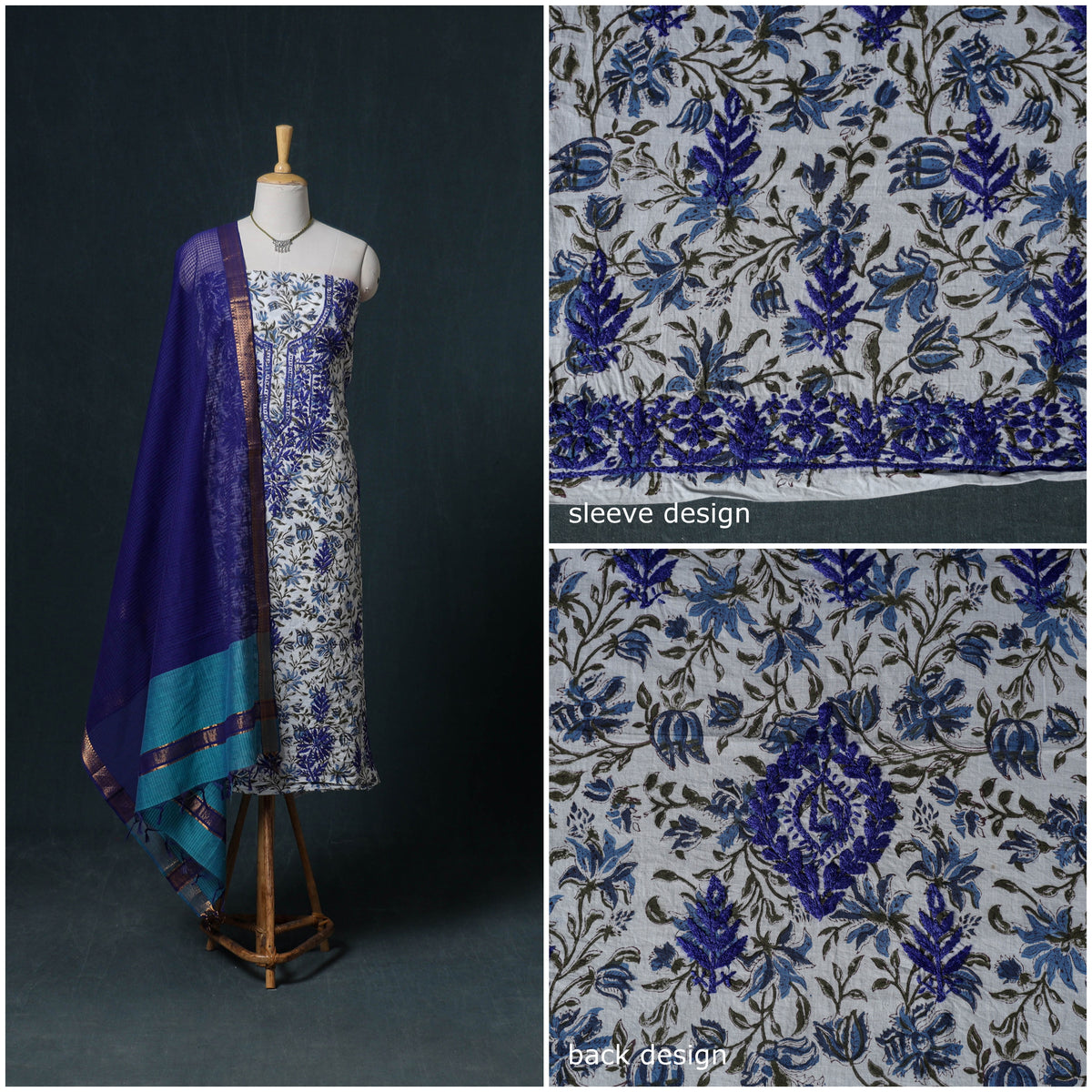 Lucknowi Chikankari Hand Work Unstitched Dress Material: Kurta & Dupatta with Jewellery 09
