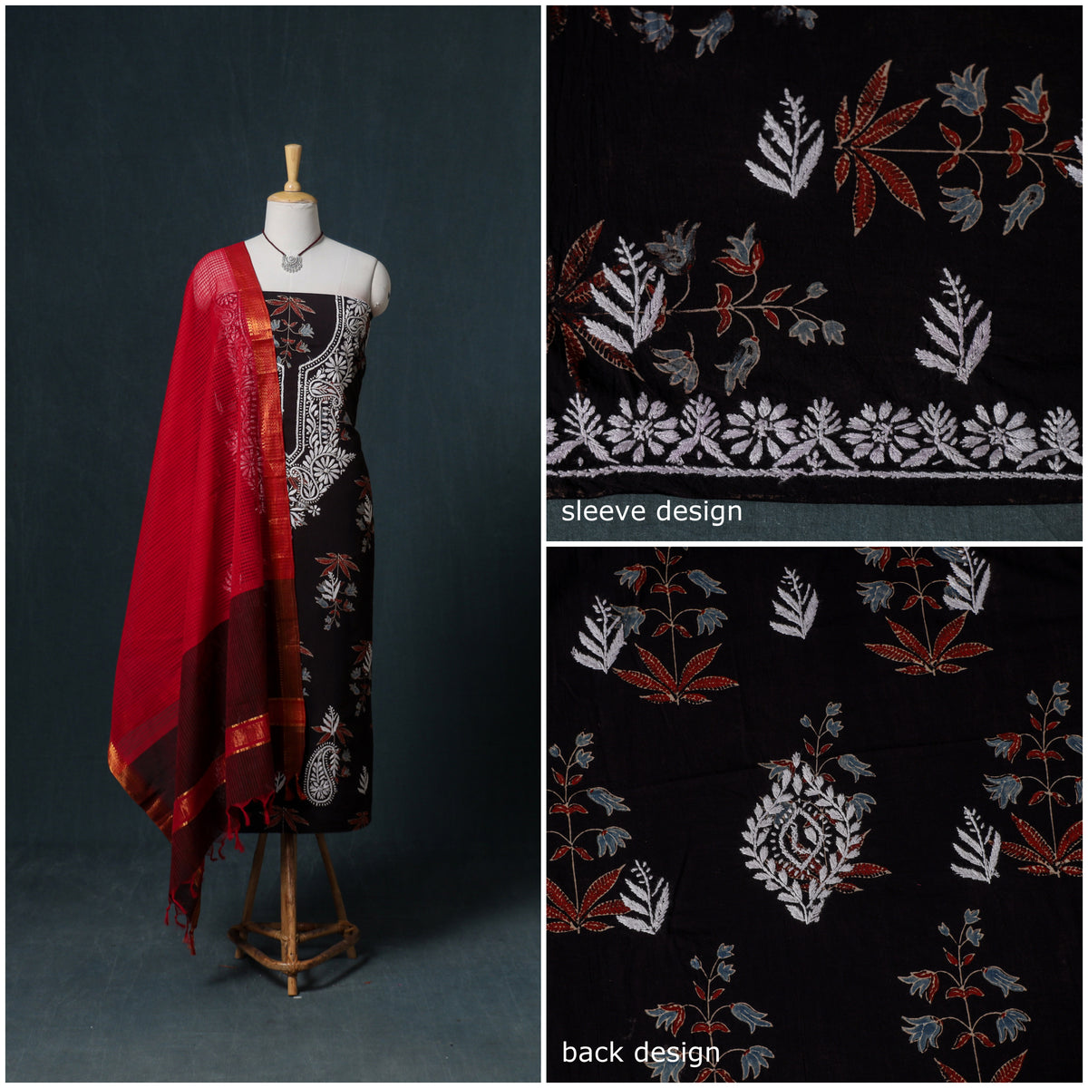 Lucknowi Chikankari Hand Work Unstitched Dress Material: Kurta & Dupatta with Jewellery 52